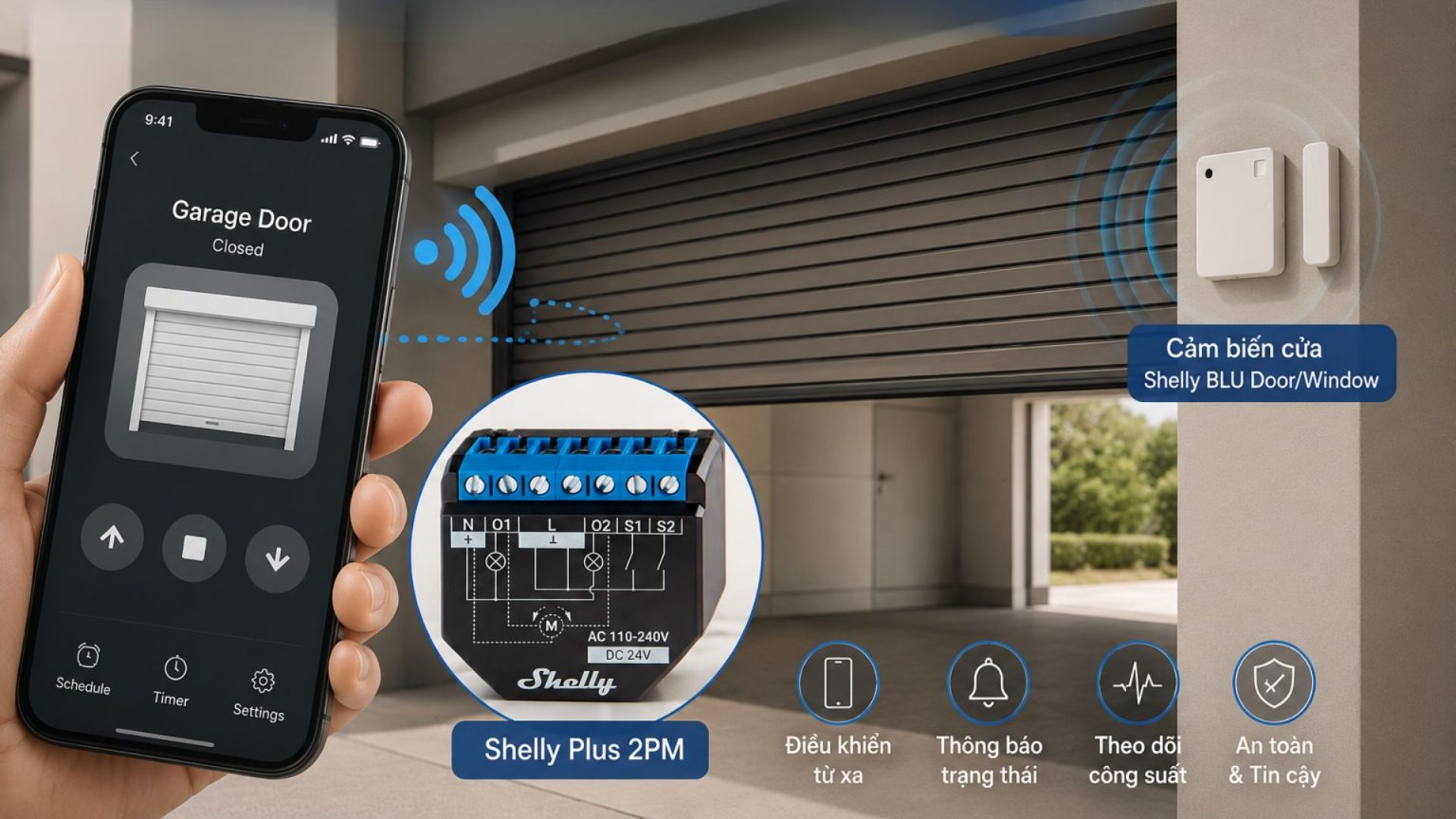 Điều khiển cửa cuốn từ xa với Shelly đã đi xa vẫn biết cửa đang mở hay đóng