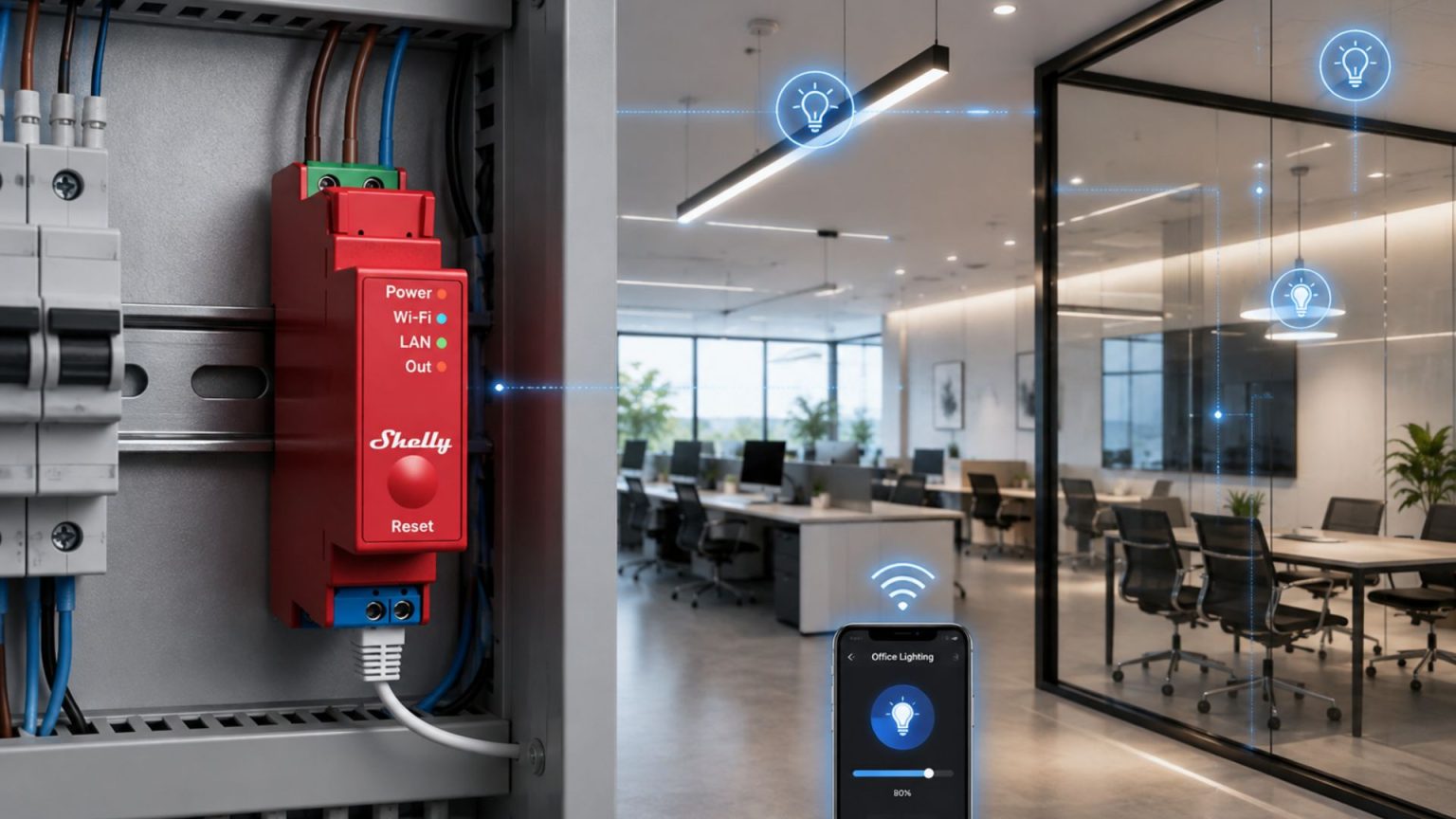 Điều khiển đèn văn phòng với Shelly Pro 1PM